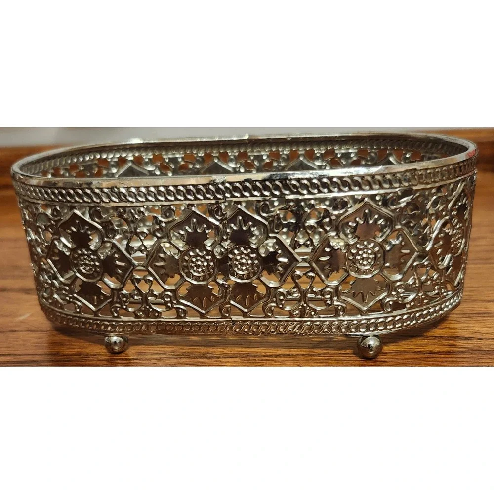 Vintage Silver Tone Filigree Oval Basket Decorative Metal Vanity Caddy 6 Inch